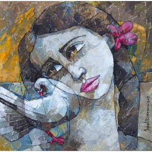 Iqbal Durrani, Silent Confidant. - 18 x 18 in - Oil on Canvas, Figurative Painting, AC-IQD-132